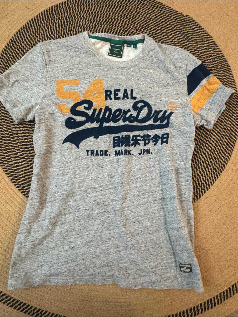 Superdry Men's Heather Grey Graphic Tee with Navy and Mustard Accents